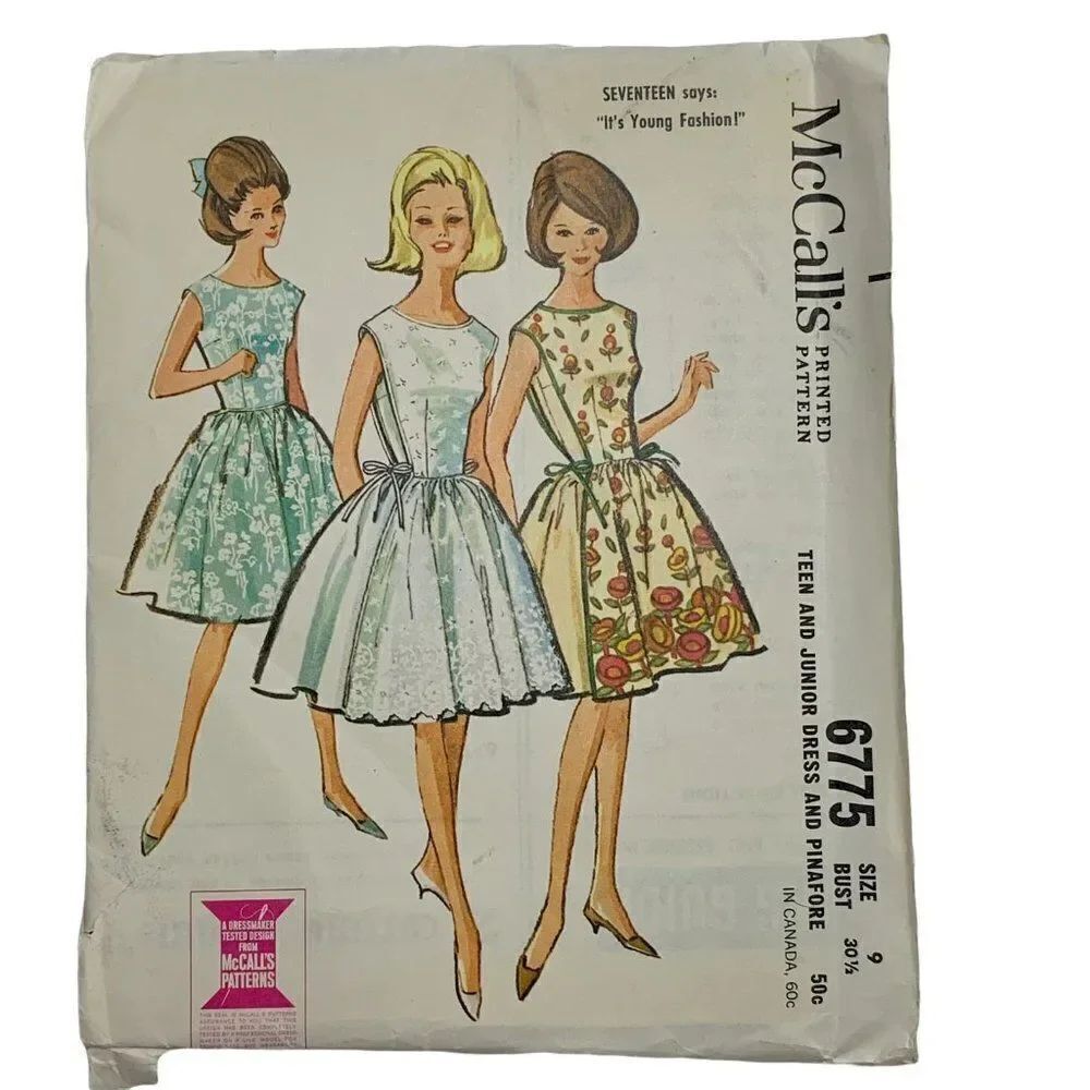 Vintage 60s McCalls 6775 Pattern Teen Junior 9-16 Dress Pinafore Uncut Easy Rule